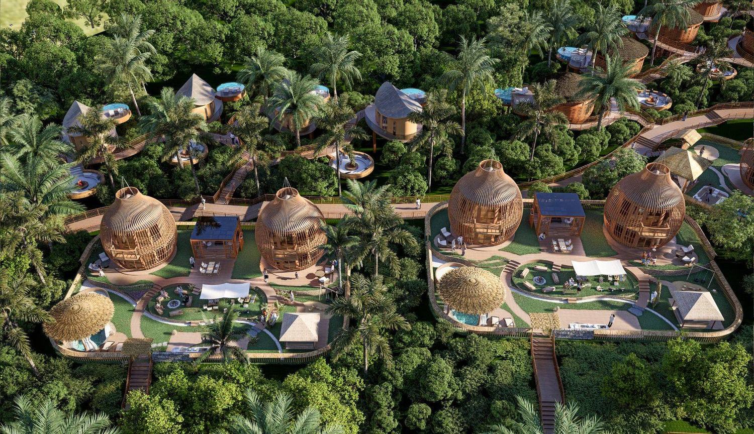 Aerial visualisation of a Garden Seven resort scheme combining bird-cage lodges, elevated pods and shared facilities across a landscaped site