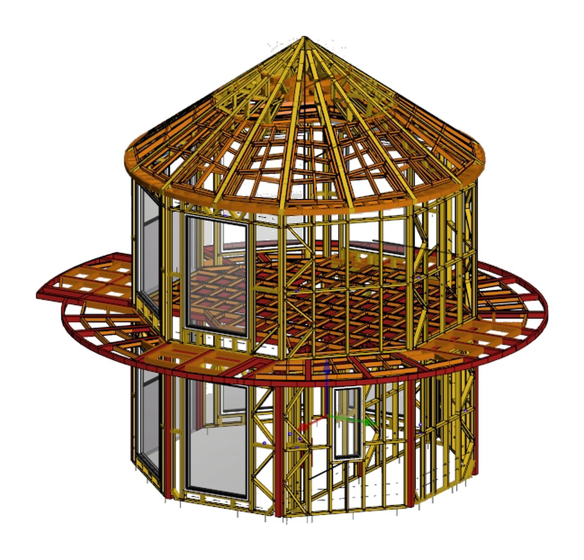 Structural frame drawing of a Garden Seven bird-cage lodge, showing the faceted modular core and deck ring beneath the curved outer lattice