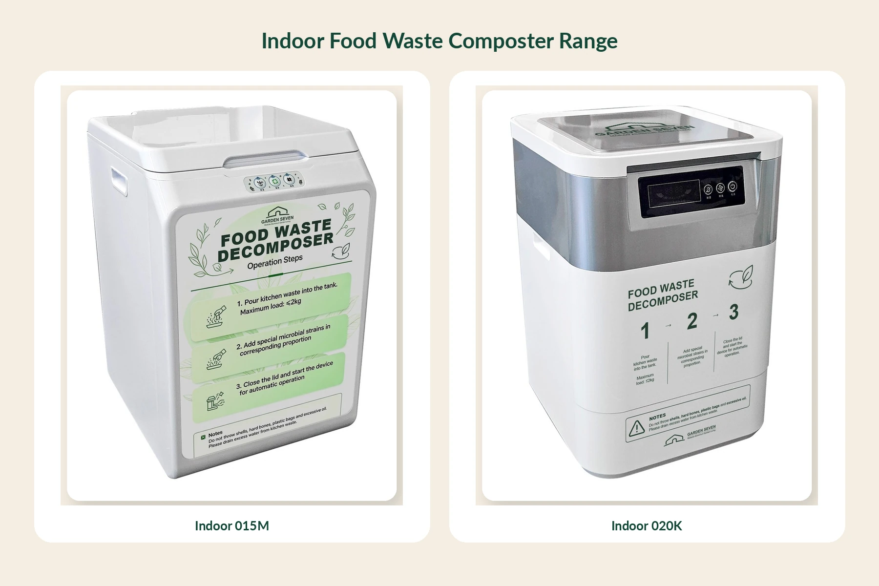 Indoor 015M and Indoor 020K food waste composters shown side by side