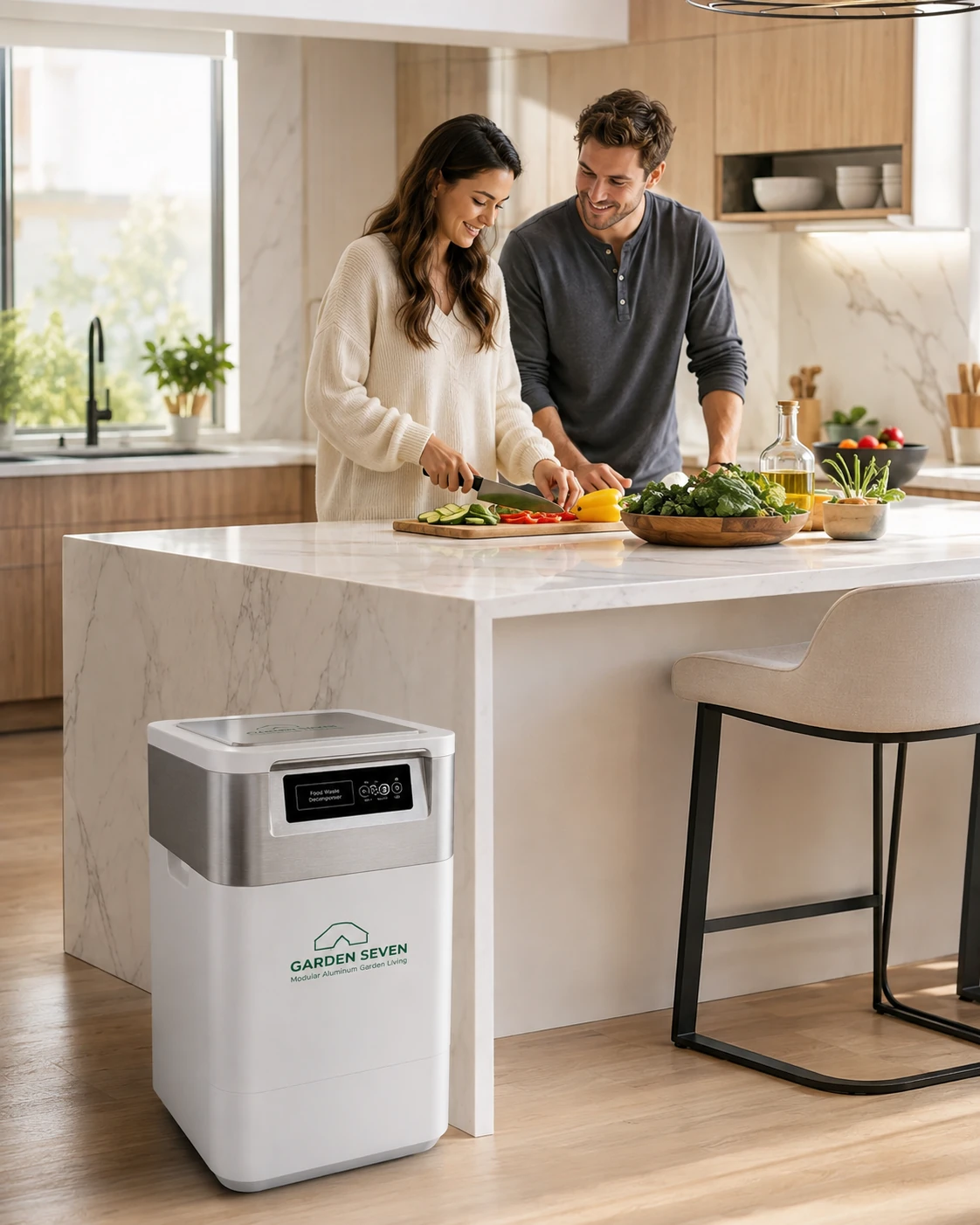Garden Seven indoor food waste composter positioned in a domestic kitchen