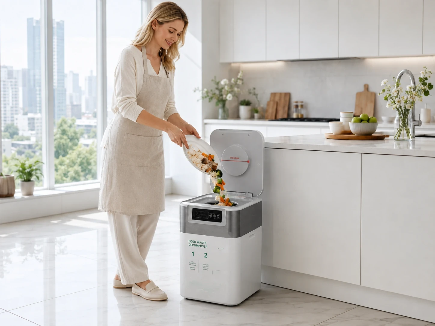 Loading food waste into a Garden Seven indoor composter in a kitchen