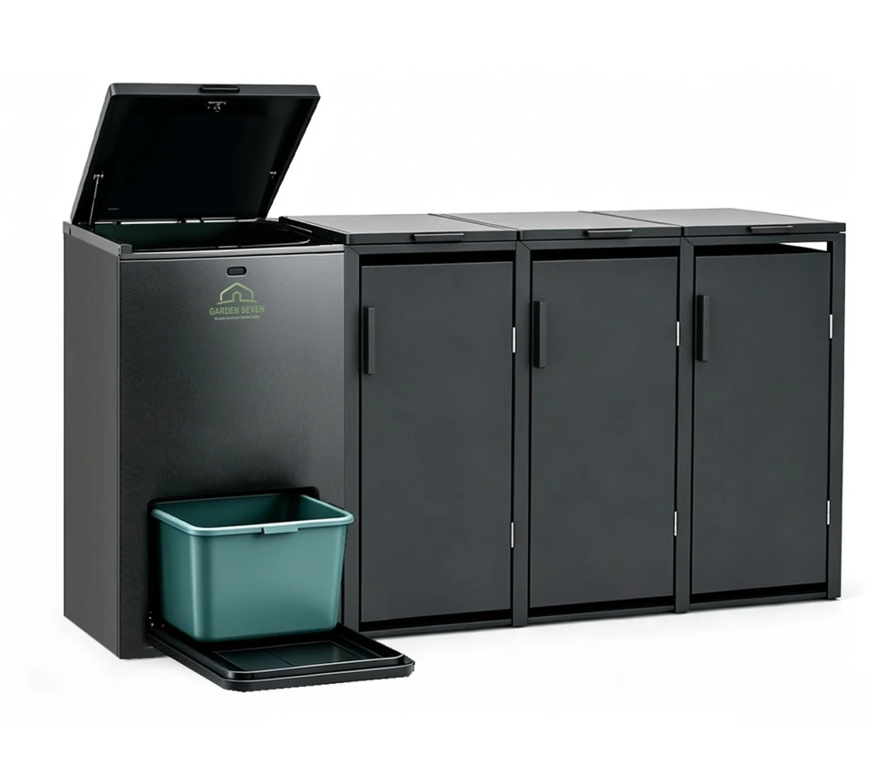 Row of bin-integrated outdoor bio-composter units — concept, Coming Soon