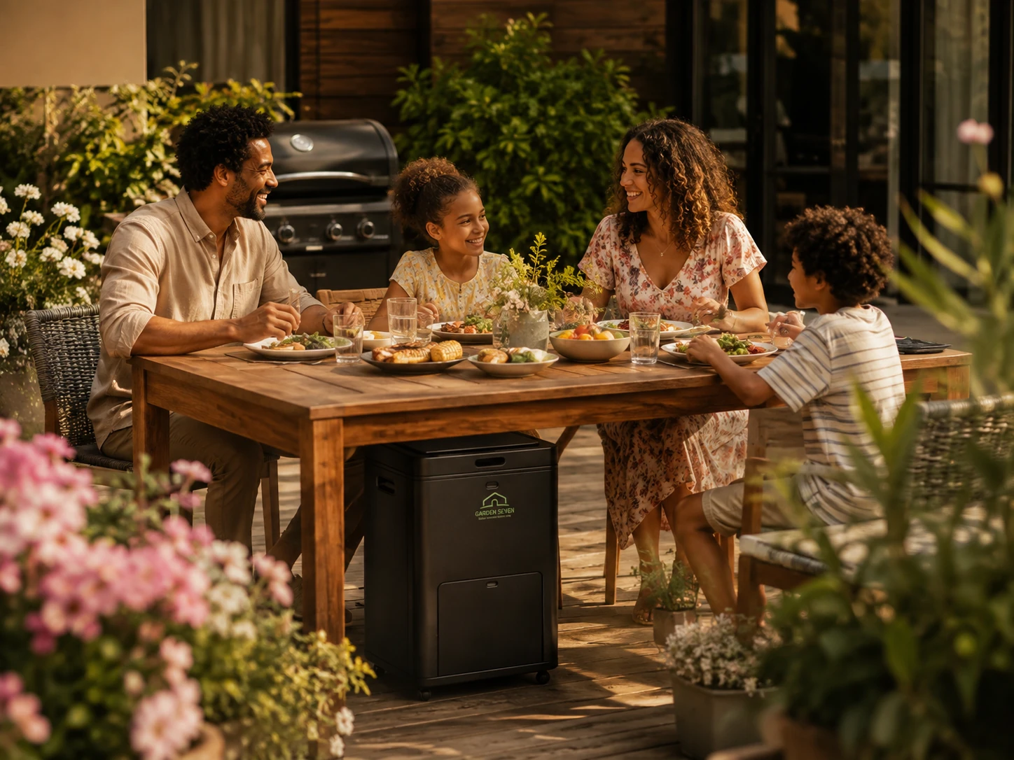 Outdoor bio-composter in a garden entertaining setting — concept, Coming Soon