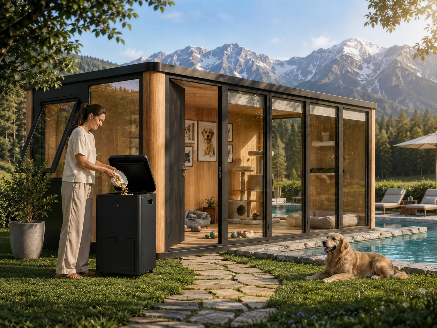 Outdoor bio-composter positioned beside a Garden Seven garden room — concept, Coming Soon