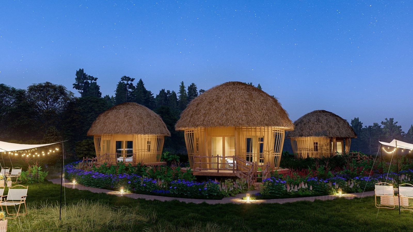 Illuminated bespoke glamping lodges at dusk in a landscaped garden setting